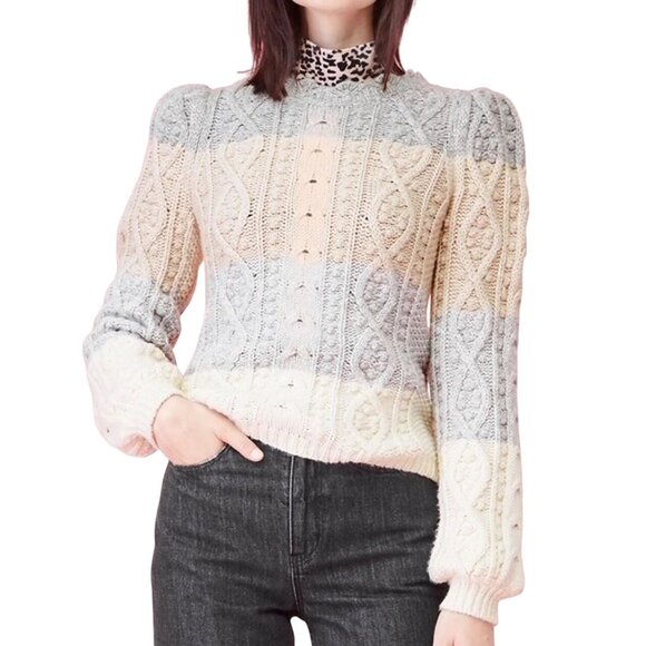 Rebecca Taylor Cable-Knit Striped Sweater XS Wool-Blend Beige/Gray/Ivory Ribbed - Picture 2 of 8